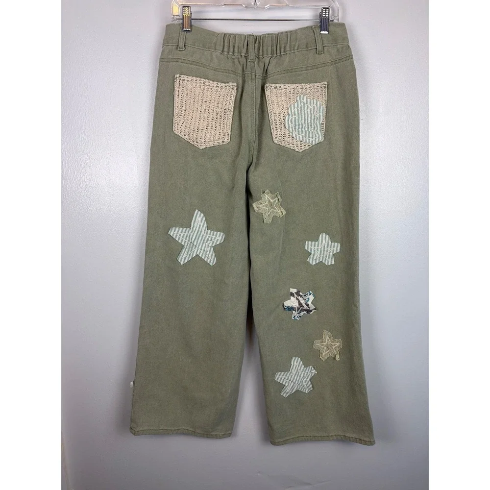 POL Sage Green Patchwork Star‎ Straight Wide Leg Jeans Small Boho Festival Pants